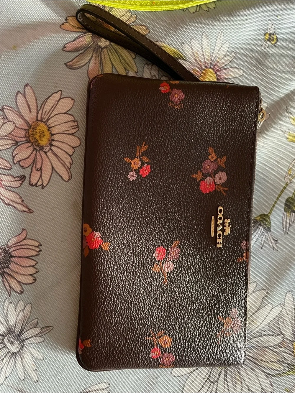 Coach Dark Brown Floral Leather Wristlet with Gold Logo